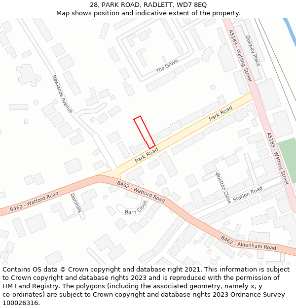 28, PARK ROAD, RADLETT, WD7 8EQ: Location map and indicative extent of plot