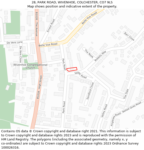 28, PARK ROAD, WIVENHOE, COLCHESTER, CO7 9LS: Location map and indicative extent of plot