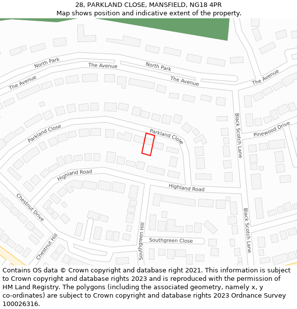 28, PARKLAND CLOSE, MANSFIELD, NG18 4PR: Location map and indicative extent of plot