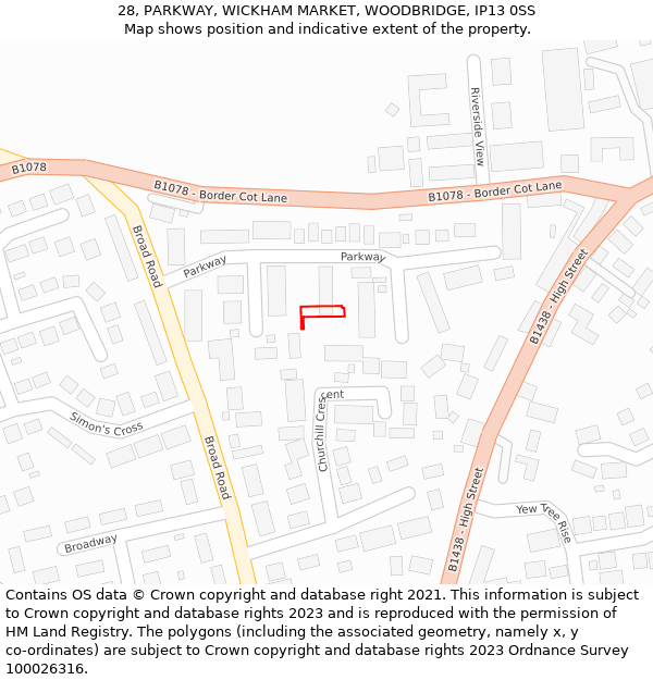 28, PARKWAY, WICKHAM MARKET, WOODBRIDGE, IP13 0SS: Location map and indicative extent of plot