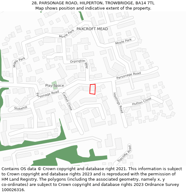 28, PARSONAGE ROAD, HILPERTON, TROWBRIDGE, BA14 7TL: Location map and indicative extent of plot