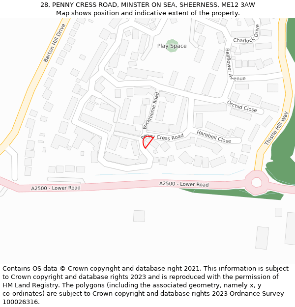 28, PENNY CRESS ROAD, MINSTER ON SEA, SHEERNESS, ME12 3AW: Location map and indicative extent of plot