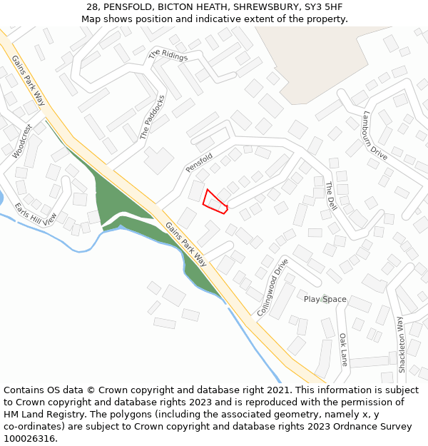 28, PENSFOLD, BICTON HEATH, SHREWSBURY, SY3 5HF: Location map and indicative extent of plot