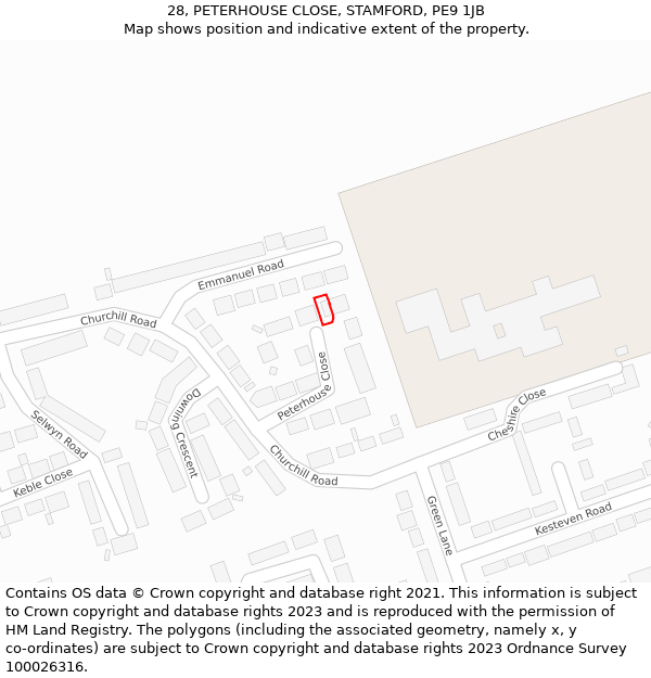 28, PETERHOUSE CLOSE, STAMFORD, PE9 1JB: Location map and indicative extent of plot