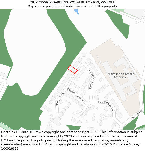 28, PICKWICK GARDENS, WOLVERHAMPTON, WV3 9EH: Location map and indicative extent of plot