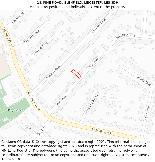 28, PINE ROAD, GLENFIELD, LEICESTER, LE3 8DH: Location map and indicative extent of plot