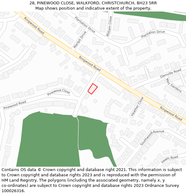 28, PINEWOOD CLOSE, WALKFORD, CHRISTCHURCH, BH23 5RR: Location map and indicative extent of plot