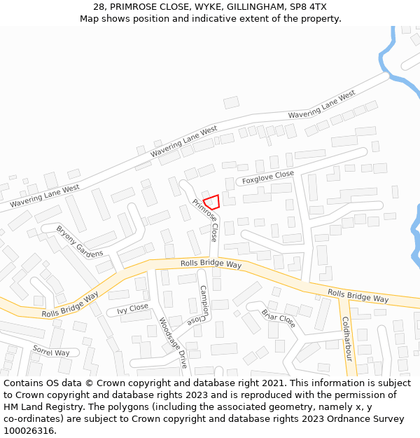 28, PRIMROSE CLOSE, WYKE, GILLINGHAM, SP8 4TX: Location map and indicative extent of plot