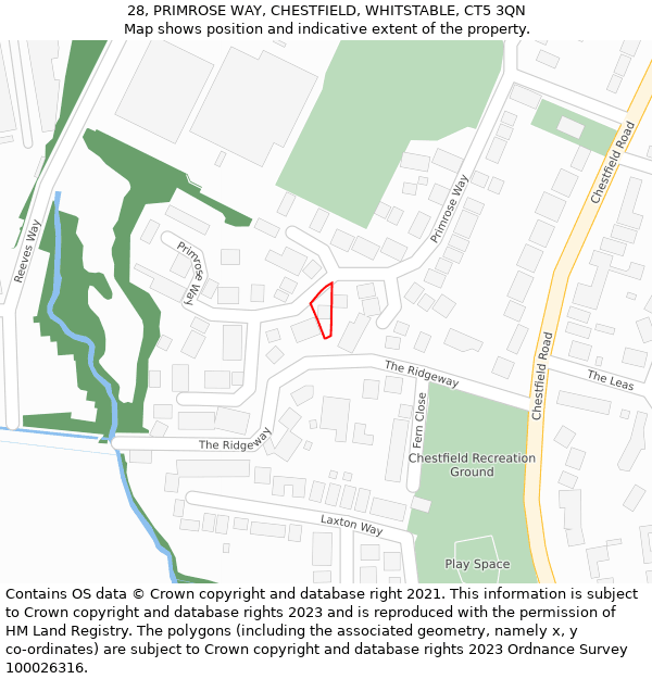 28, PRIMROSE WAY, CHESTFIELD, WHITSTABLE, CT5 3QN: Location map and indicative extent of plot