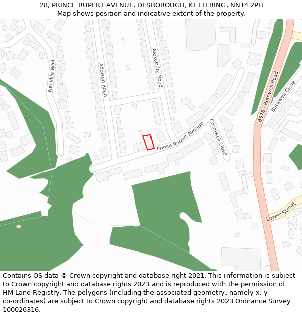 28, PRINCE RUPERT AVENUE, DESBOROUGH, KETTERING, NN14 2PH: Location map and indicative extent of plot