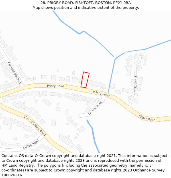 28, PRIORY ROAD, FISHTOFT, BOSTON, PE21 0RA: Location map and indicative extent of plot