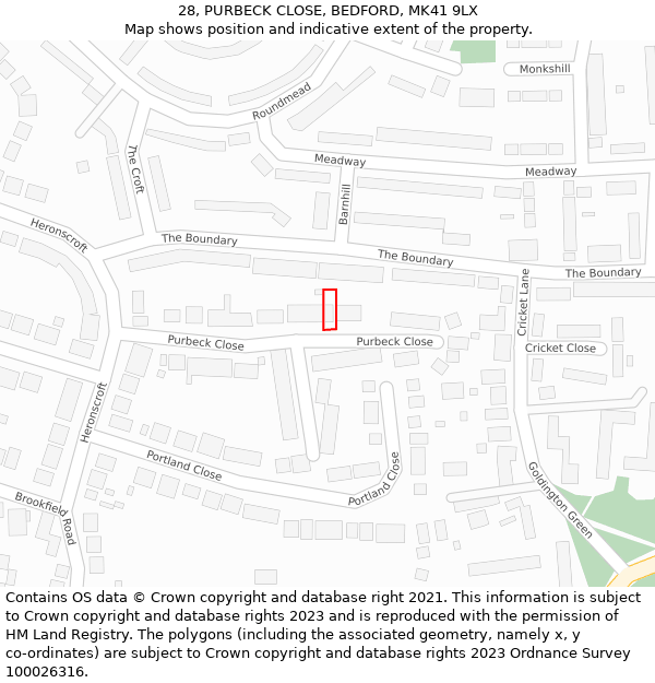 28, PURBECK CLOSE, BEDFORD, MK41 9LX: Location map and indicative extent of plot