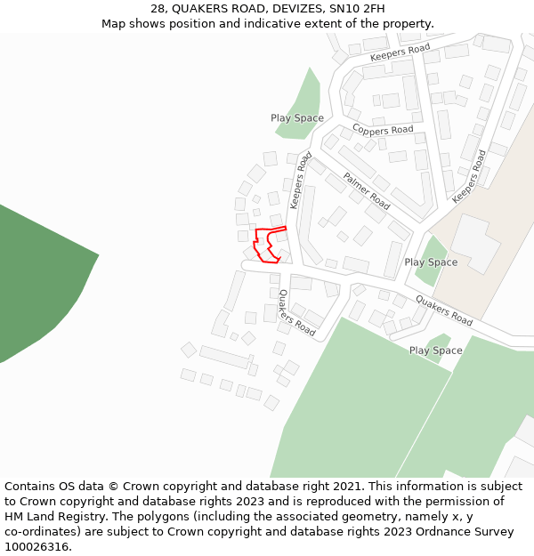 28, QUAKERS ROAD, DEVIZES, SN10 2FH: Location map and indicative extent of plot