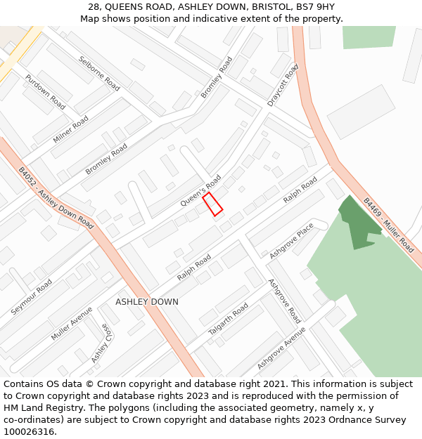 28, QUEENS ROAD, ASHLEY DOWN, BRISTOL, BS7 9HY: Location map and indicative extent of plot