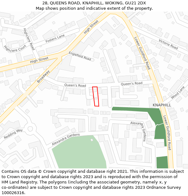 28, QUEENS ROAD, KNAPHILL, WOKING, GU21 2DX: Location map and indicative extent of plot