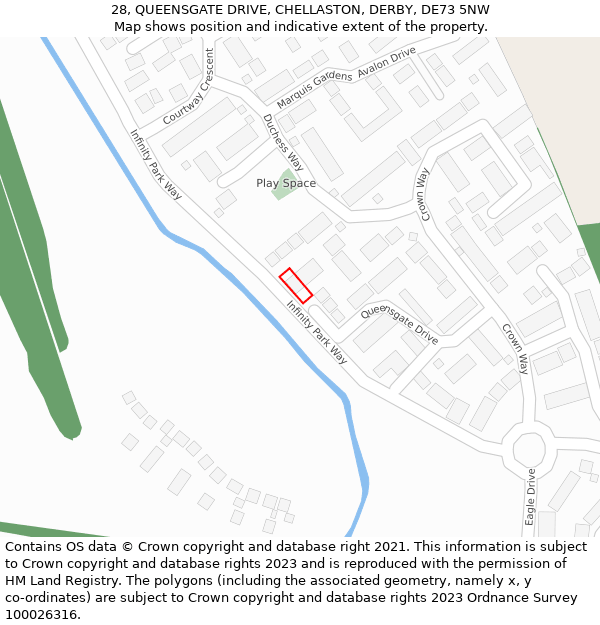 28, QUEENSGATE DRIVE, CHELLASTON, DERBY, DE73 5NW: Location map and indicative extent of plot