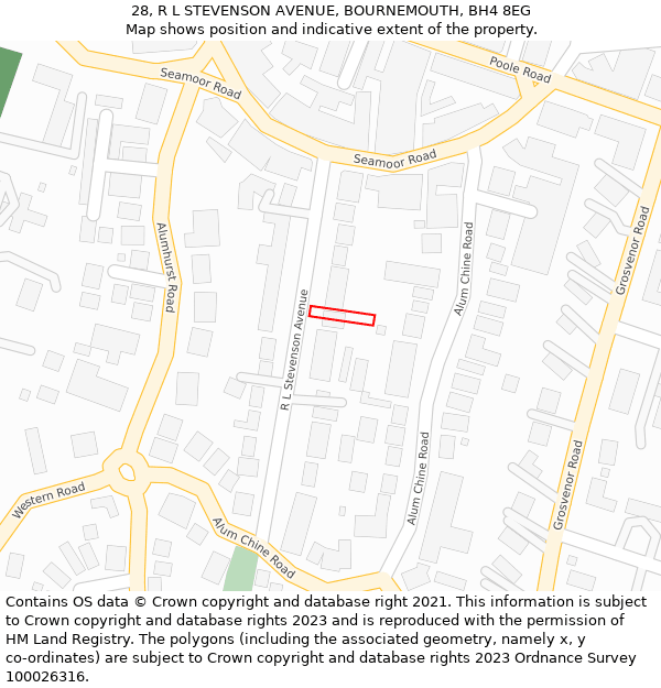 28, R L STEVENSON AVENUE, BOURNEMOUTH, BH4 8EG: Location map and indicative extent of plot