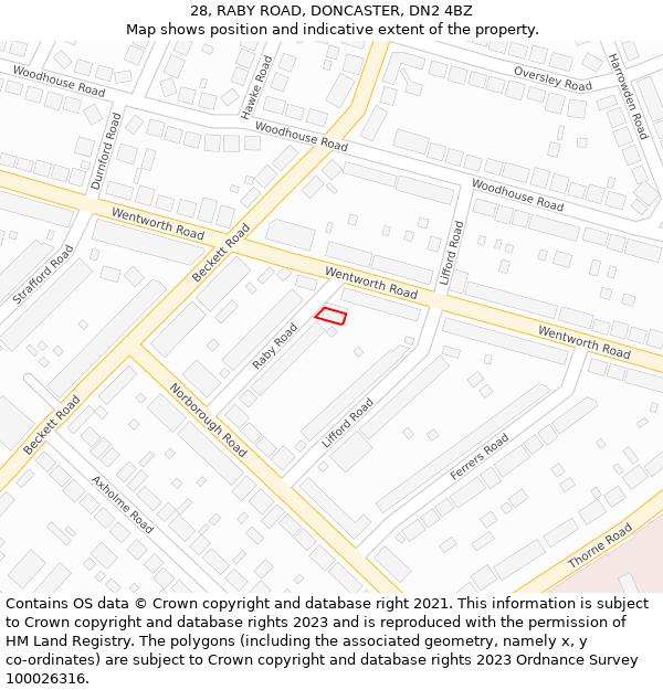 28, RABY ROAD, DONCASTER, DN2 4BZ: Location map and indicative extent of plot