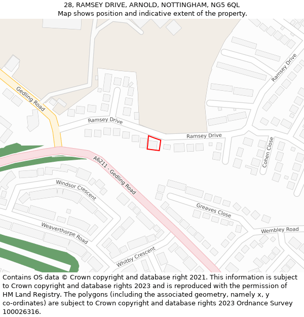 28, RAMSEY DRIVE, ARNOLD, NOTTINGHAM, NG5 6QL: Location map and indicative extent of plot