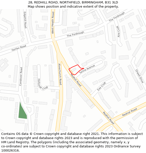 28, REDHILL ROAD, NORTHFIELD, BIRMINGHAM, B31 3LD: Location map and indicative extent of plot