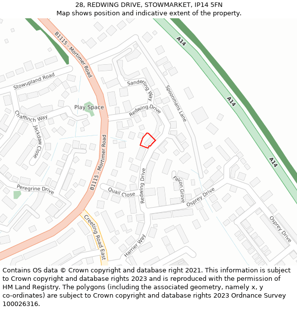 28, REDWING DRIVE, STOWMARKET, IP14 5FN: Location map and indicative extent of plot