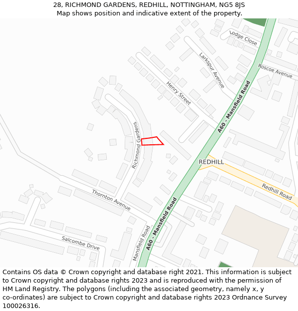 28, RICHMOND GARDENS, REDHILL, NOTTINGHAM, NG5 8JS: Location map and indicative extent of plot