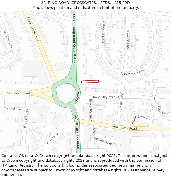 28, RING ROAD, CROSSGATES, LEEDS, LS15 8RD: Location map and indicative extent of plot