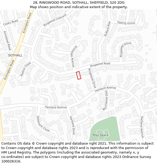 28, RINGWOOD ROAD, SOTHALL, SHEFFIELD, S20 2DG: Location map and indicative extent of plot