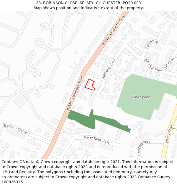 28, ROBINSON CLOSE, SELSEY, CHICHESTER, PO20 0FD: Location map and indicative extent of plot