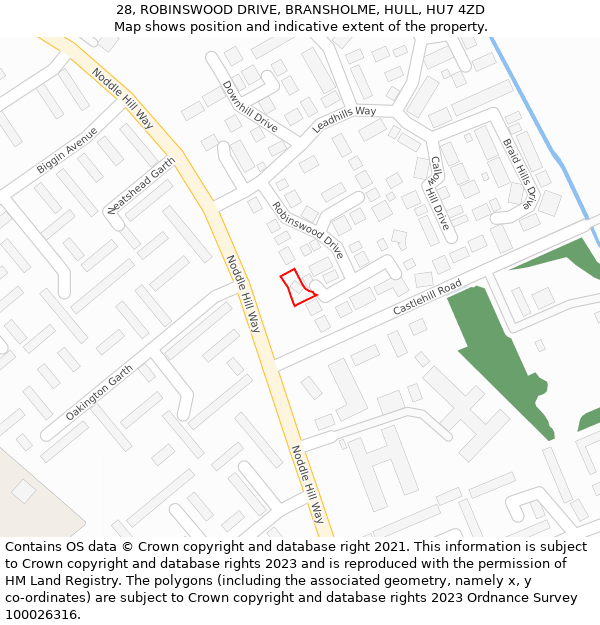 28, ROBINSWOOD DRIVE, BRANSHOLME, HULL, HU7 4ZD: Location map and indicative extent of plot