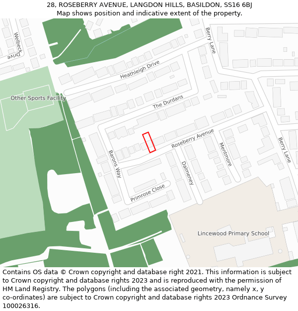 28, ROSEBERRY AVENUE, LANGDON HILLS, BASILDON, SS16 6BJ: Location map and indicative extent of plot