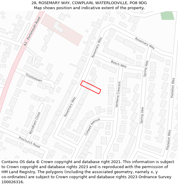 28, ROSEMARY WAY, COWPLAIN, WATERLOOVILLE, PO8 9DG: Location map and indicative extent of plot