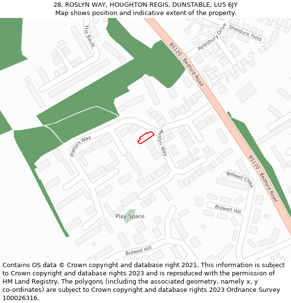 28, ROSLYN WAY, HOUGHTON REGIS, DUNSTABLE, LU5 6JY: Location map and indicative extent of plot