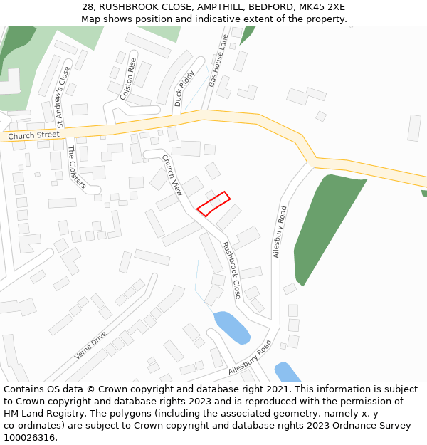 28, RUSHBROOK CLOSE, AMPTHILL, BEDFORD, MK45 2XE: Location map and indicative extent of plot