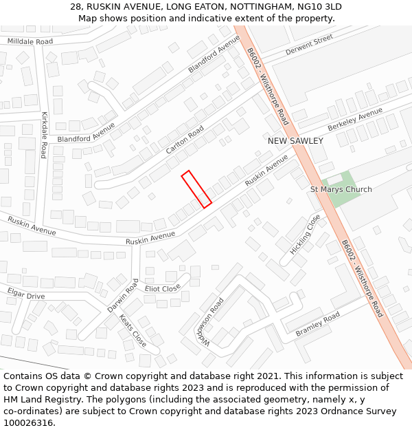 28, RUSKIN AVENUE, LONG EATON, NOTTINGHAM, NG10 3LD: Location map and indicative extent of plot