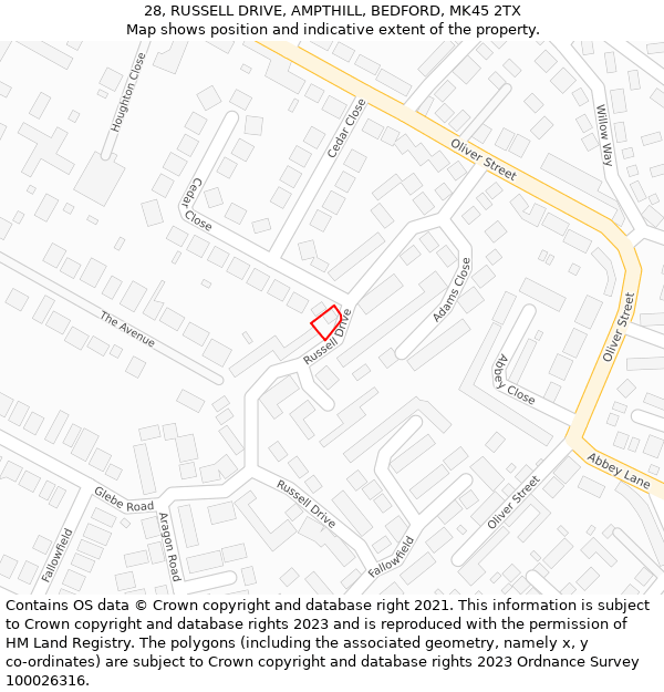 28, RUSSELL DRIVE, AMPTHILL, BEDFORD, MK45 2TX: Location map and indicative extent of plot