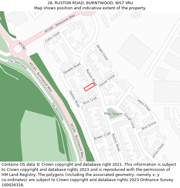 28, RUSTON ROAD, BURNTWOOD, WS7 3RU: Location map and indicative extent of plot