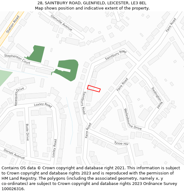 28, SAINTBURY ROAD, GLENFIELD, LEICESTER, LE3 8EL: Location map and indicative extent of plot