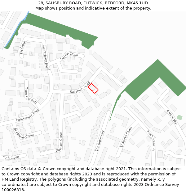 28, SALISBURY ROAD, FLITWICK, BEDFORD, MK45 1UD: Location map and indicative extent of plot