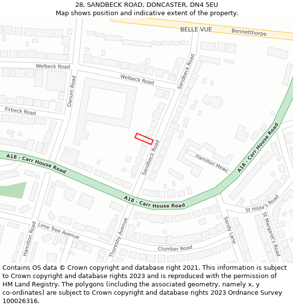 28, SANDBECK ROAD, DONCASTER, DN4 5EU: Location map and indicative extent of plot