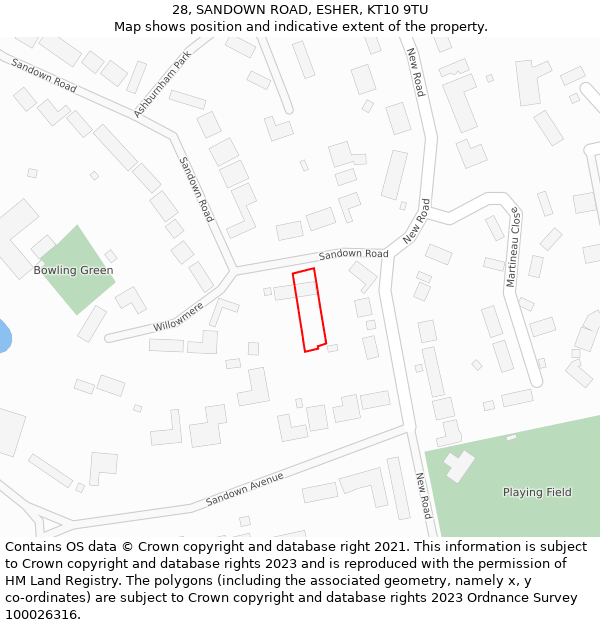 28, SANDOWN ROAD, ESHER, KT10 9TU: Location map and indicative extent of plot