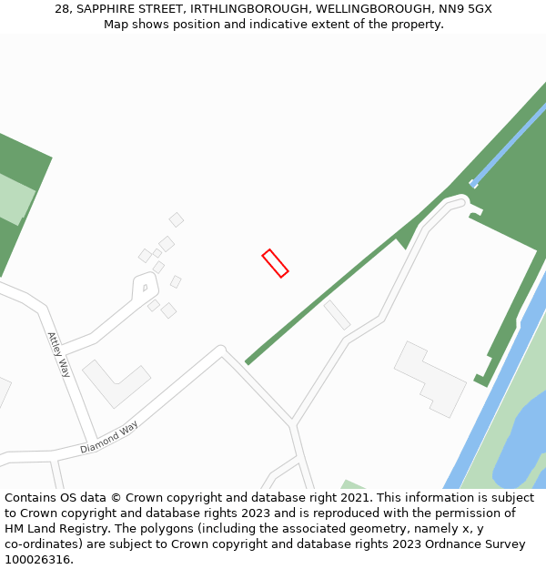 28, SAPPHIRE STREET, IRTHLINGBOROUGH, WELLINGBOROUGH, NN9 5GX: Location map and indicative extent of plot