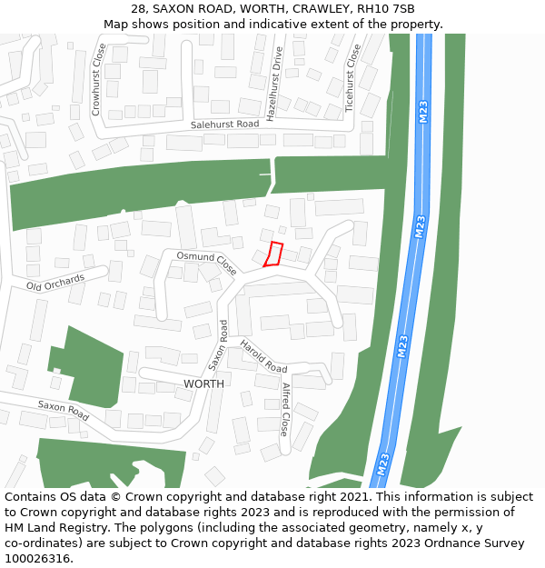 28, SAXON ROAD, WORTH, CRAWLEY, RH10 7SB: Location map and indicative extent of plot
