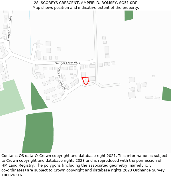 28, SCOREYS CRESCENT, AMPFIELD, ROMSEY, SO51 0DP: Location map and indicative extent of plot