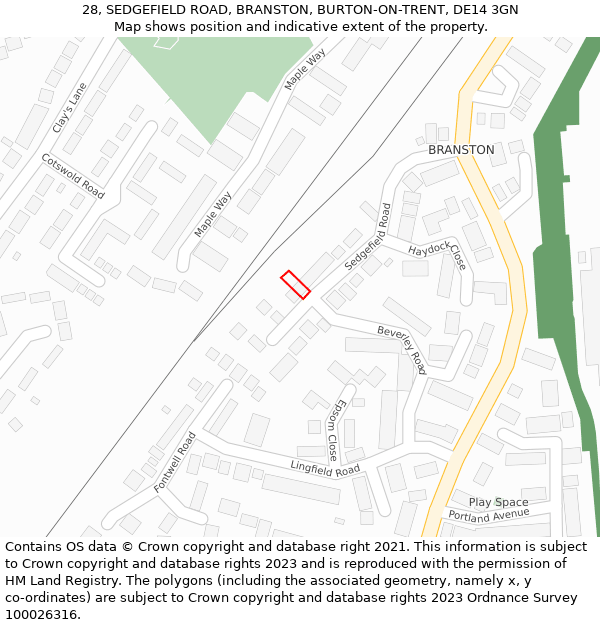 28, SEDGEFIELD ROAD, BRANSTON, BURTON-ON-TRENT, DE14 3GN: Location map and indicative extent of plot