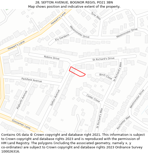 28, SEFTON AVENUE, BOGNOR REGIS, PO21 3BN: Location map and indicative extent of plot