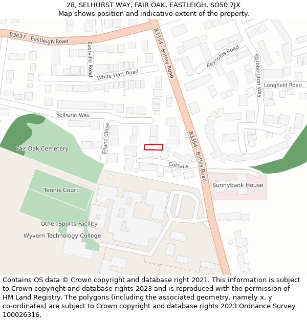 28, SELHURST WAY, FAIR OAK, EASTLEIGH, SO50 7JX: Location map and indicative extent of plot