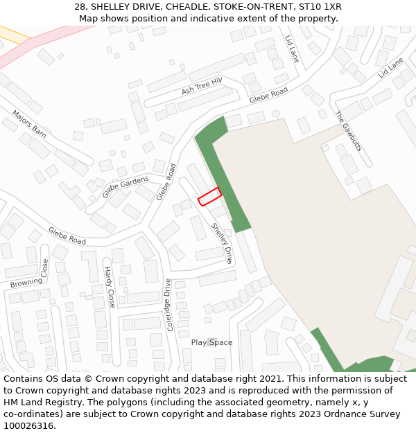 28, SHELLEY DRIVE, CHEADLE, STOKE-ON-TRENT, ST10 1XR: Location map and indicative extent of plot