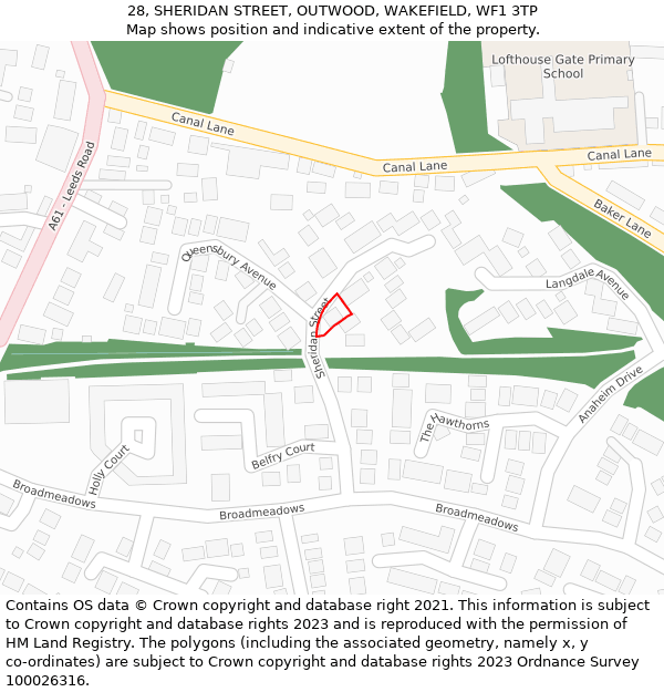 28, SHERIDAN STREET, OUTWOOD, WAKEFIELD, WF1 3TP: Location map and indicative extent of plot