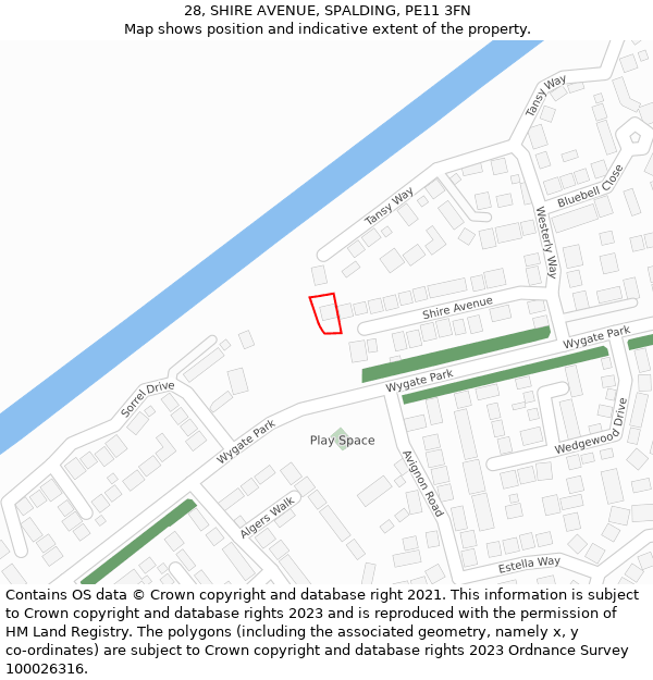 28, SHIRE AVENUE, SPALDING, PE11 3FN: Location map and indicative extent of plot